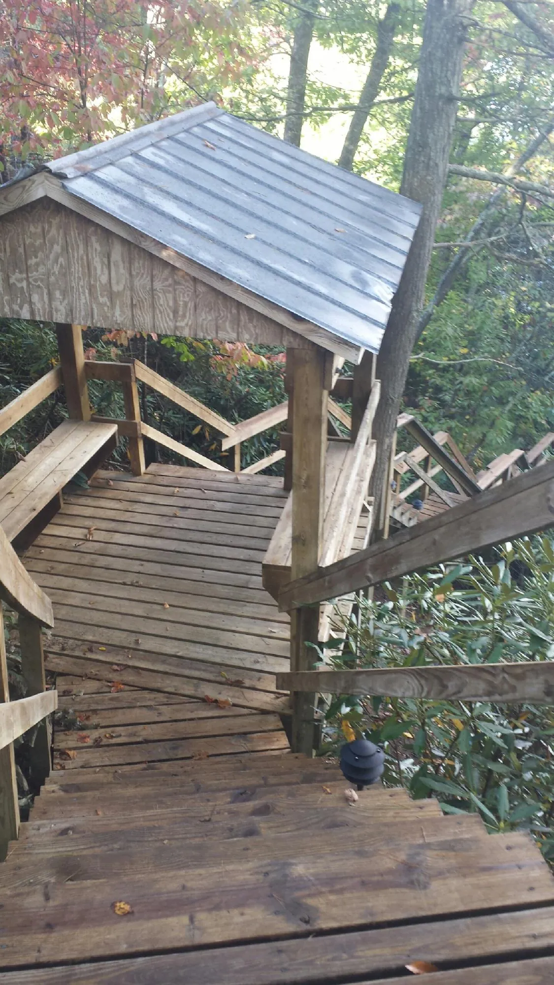 Metal roofed shelter over wooden steps on a wooded walkway — Skylight Repair & Installation work by our crew in Sealy